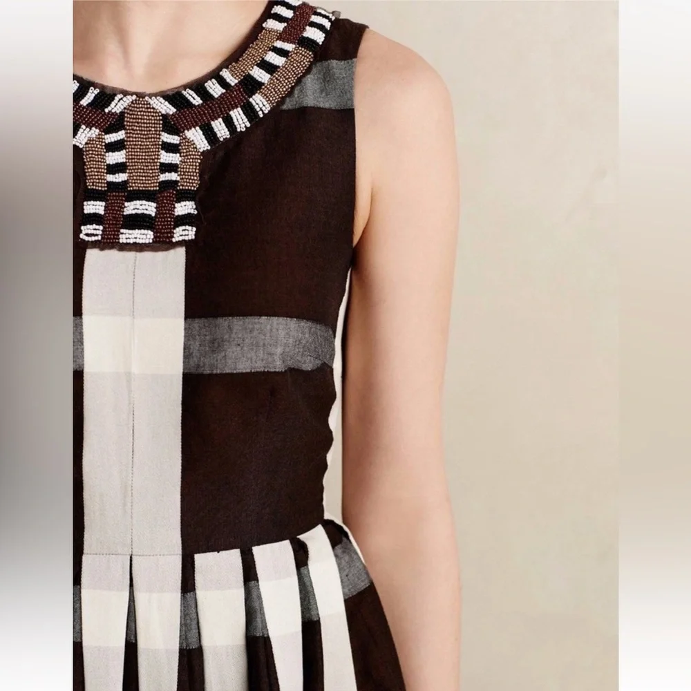 ANTHROPOLOGIE MAEVE BROWN PLEATED FIT & FLARE BEADED NECKLINE IVY‎ LEAGUE DRESS - Picture 4 of 15